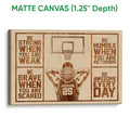Matte canvas basketball wall art with a player, hoop, and bold motivational panels