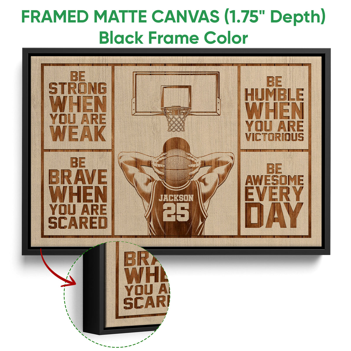 Black framed basketball canvas wall art with a player, hoop, and warm brown motivational artwork
