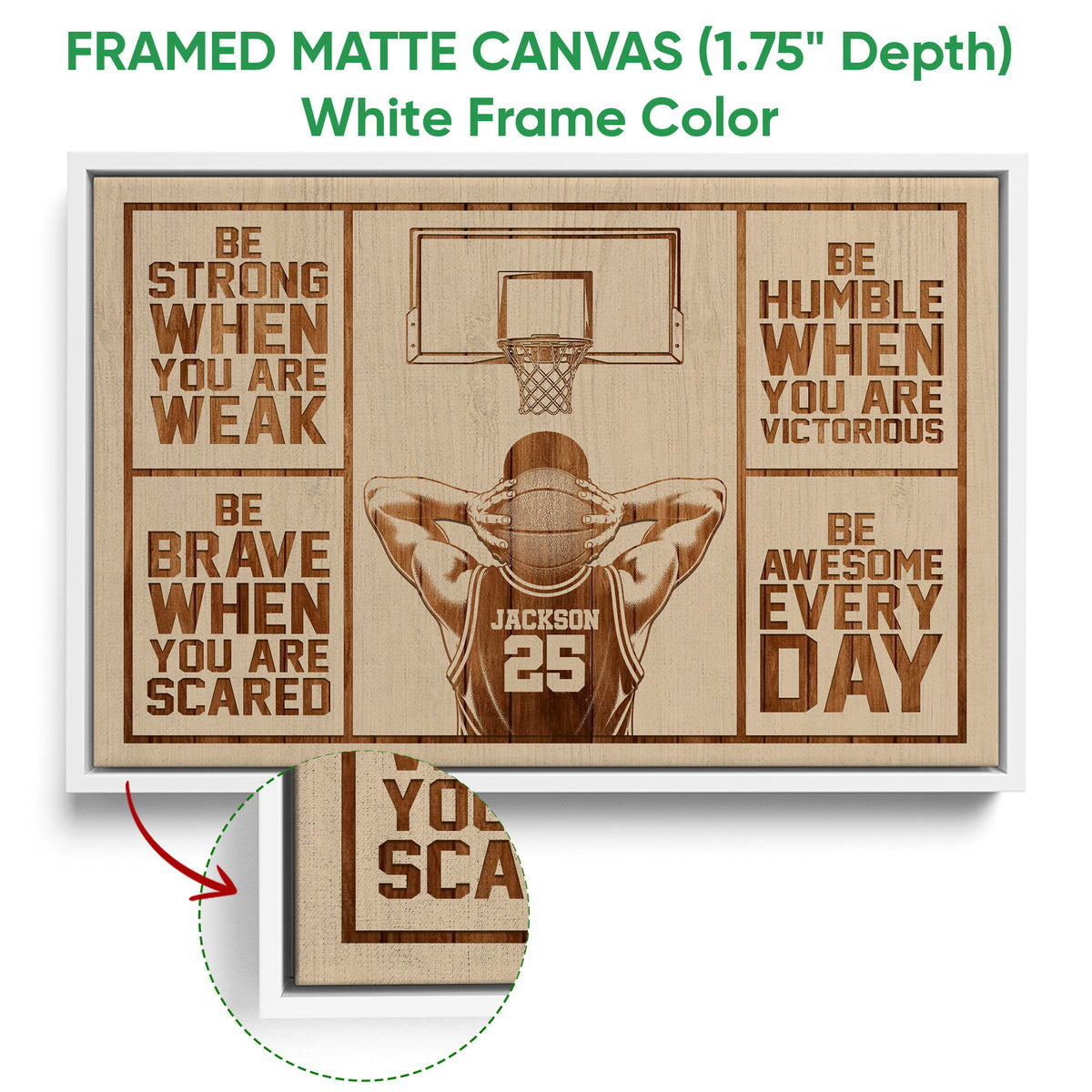 White framed basketball canvas wall art featuring a player, hoop, and motivational sports artwork