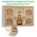 Natural wood framed basketball wall art with a player, hoop, and vintage-inspired warm tones