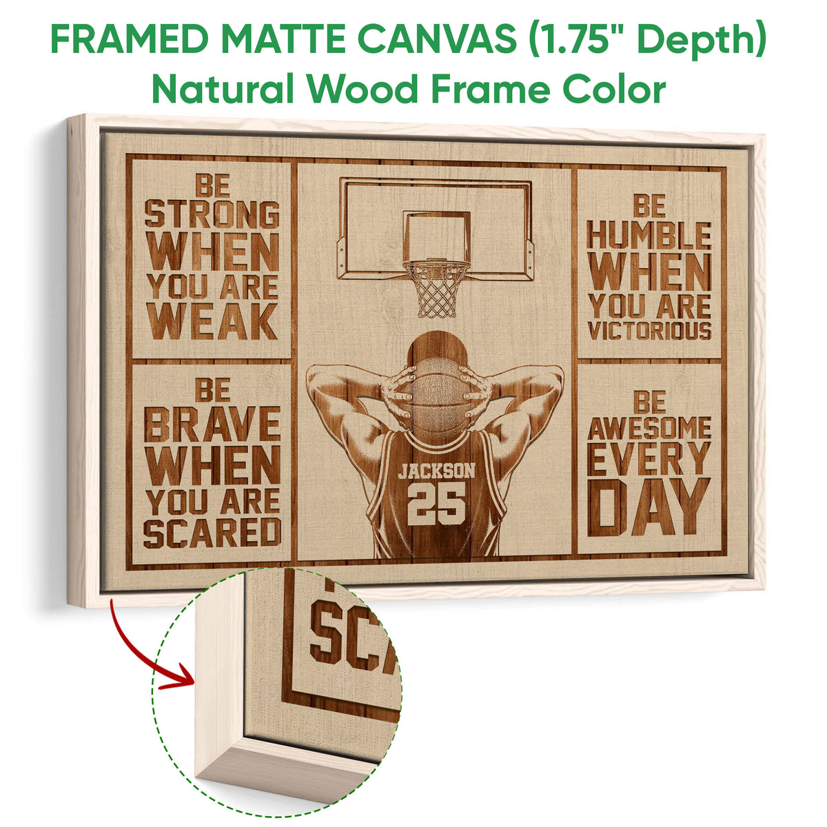 Natural wood framed basketball wall art with a player, hoop, and vintage-inspired warm tones