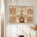 Basketball wall art displayed in a bright room with white wood paneling and natural decor