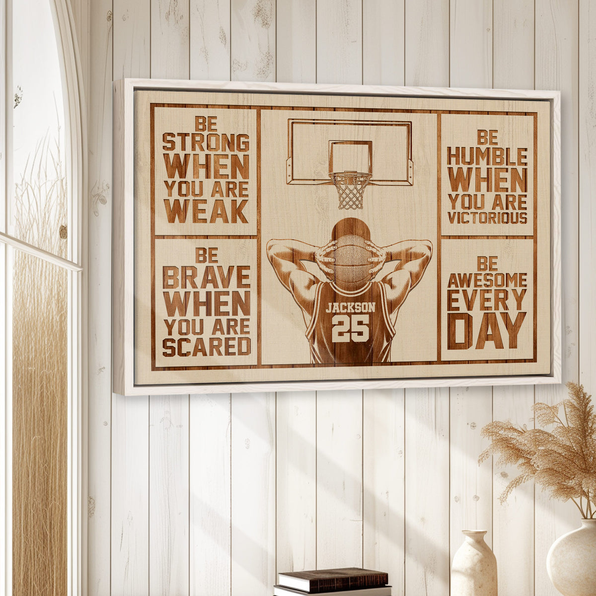 Basketball wall art displayed in a bright room with white wood paneling and natural decor