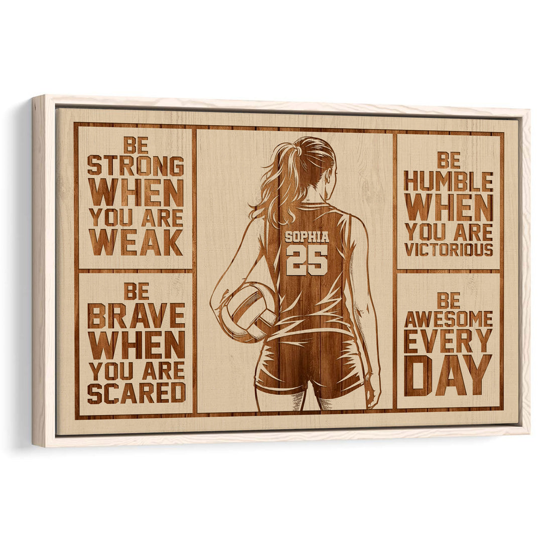 Framed volleyball wall art featuring a female player, volleyball, wood-toned design, and motivational panels