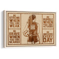 Framed volleyball wall art featuring a female player, volleyball, wood-toned design, and motivational panels