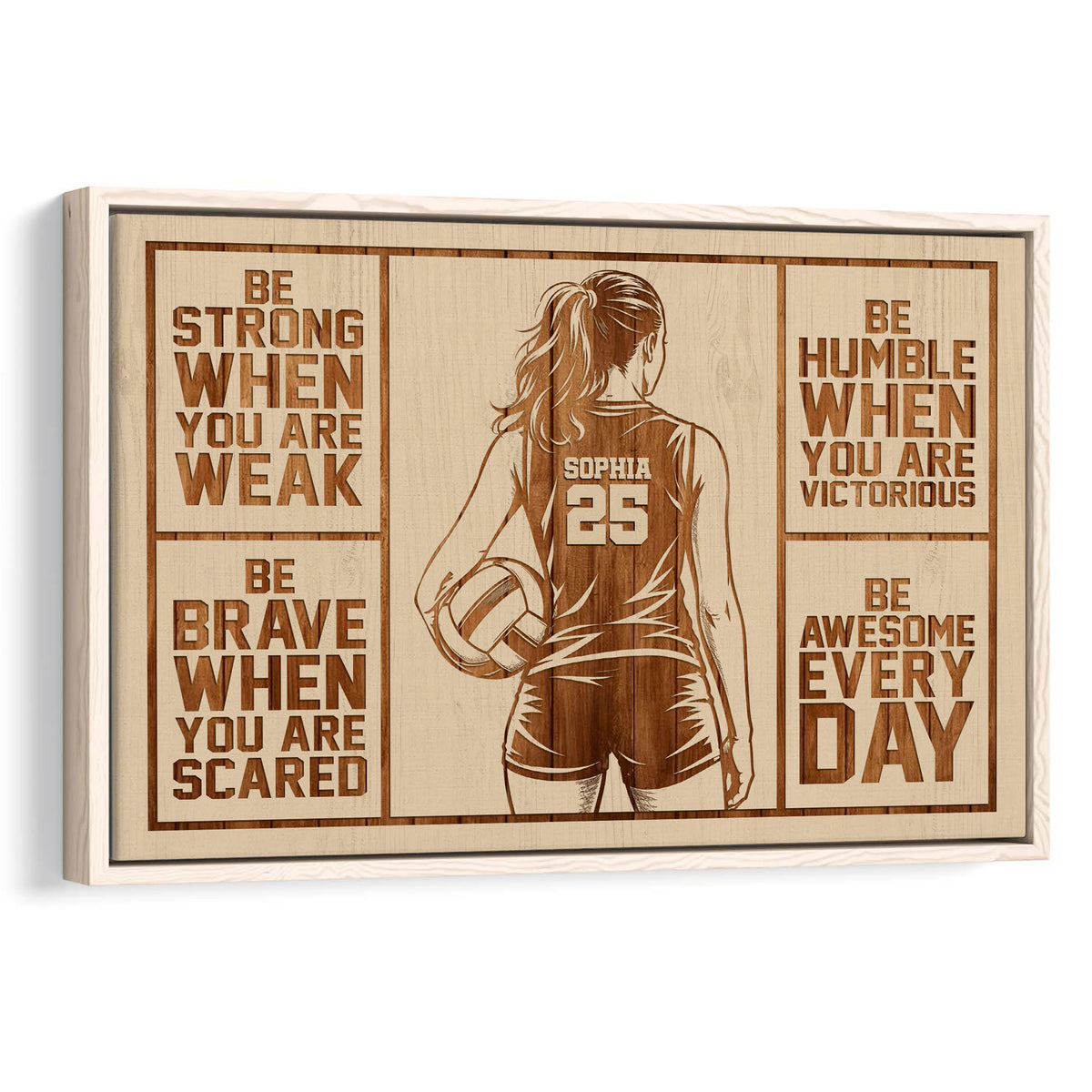Framed volleyball wall art featuring a female player, volleyball, wood-toned design, and motivational panels