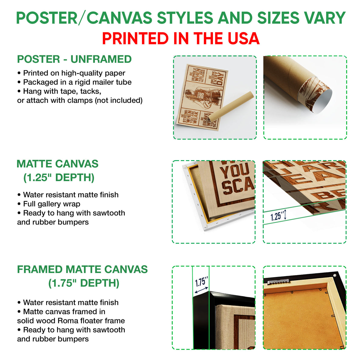 Poster or canvas wall art format guide showing unframed poster, matte canvas, and framed canvas options
