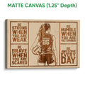Matte canvas volleyball wall art featuring a female player and warm wood-inspired motivational design