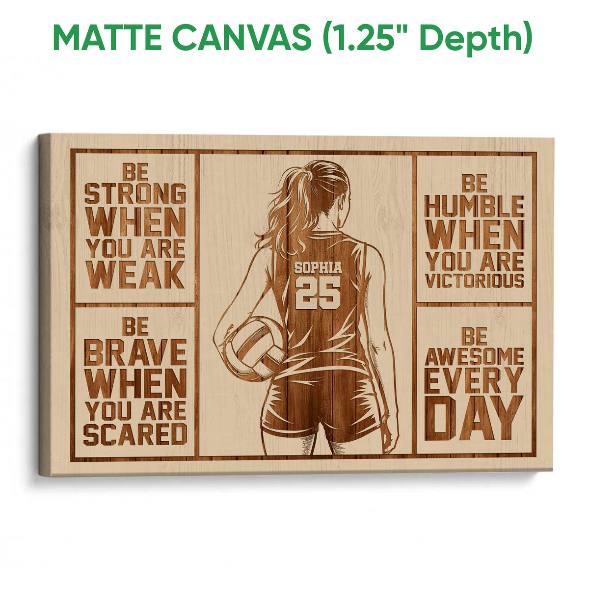 Matte canvas volleyball wall art featuring a female player and warm wood-inspired motivational design