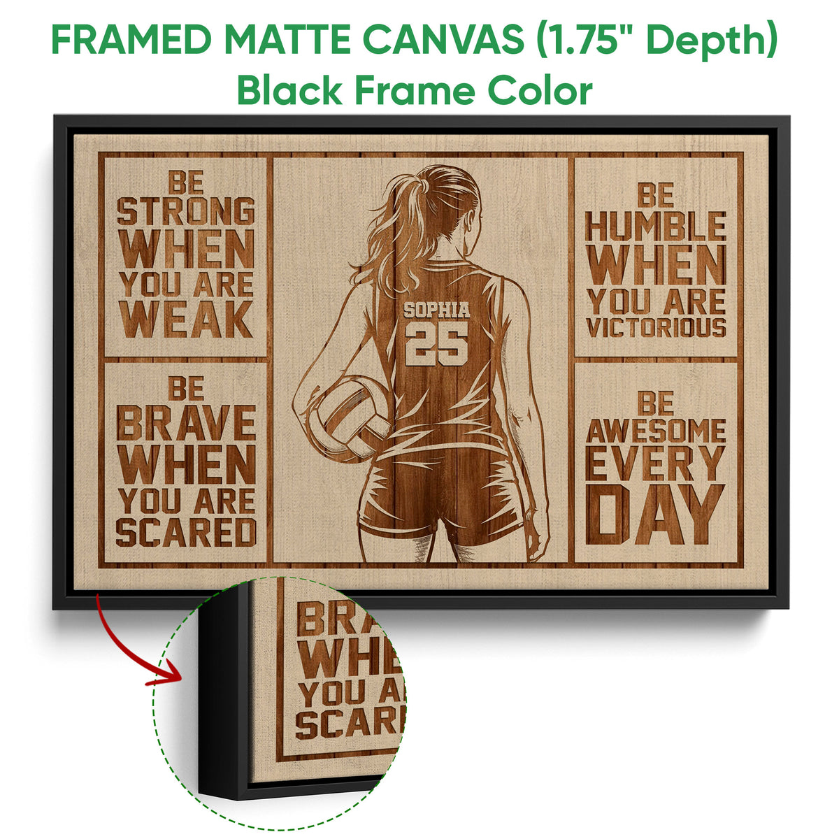 Black framed canvas volleyball wall art with a female player and bold motivational sports artwork