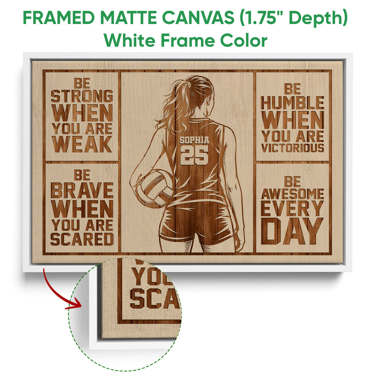 White framed canvas volleyball wall art featuring a female player and warm neutral motivational design