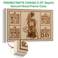 Natural wood framed volleyball wall art with a female player, volleyball, and inspirational panels
