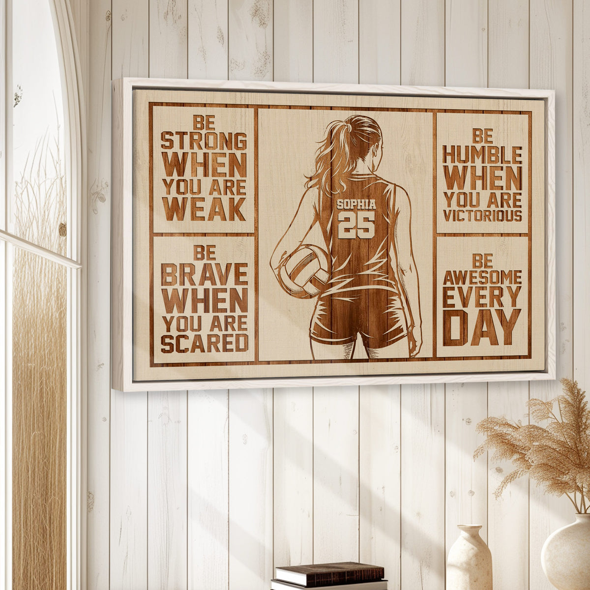 Volleyball wall art displayed in a bright room with a female player and warm neutral sports design