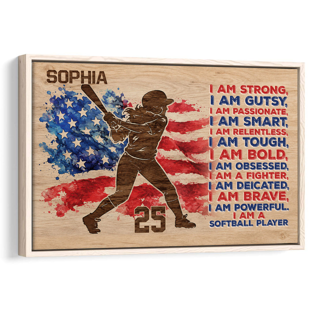 Framed softball wall art featuring a batter silhouette, American flag colors, and motivational player wording