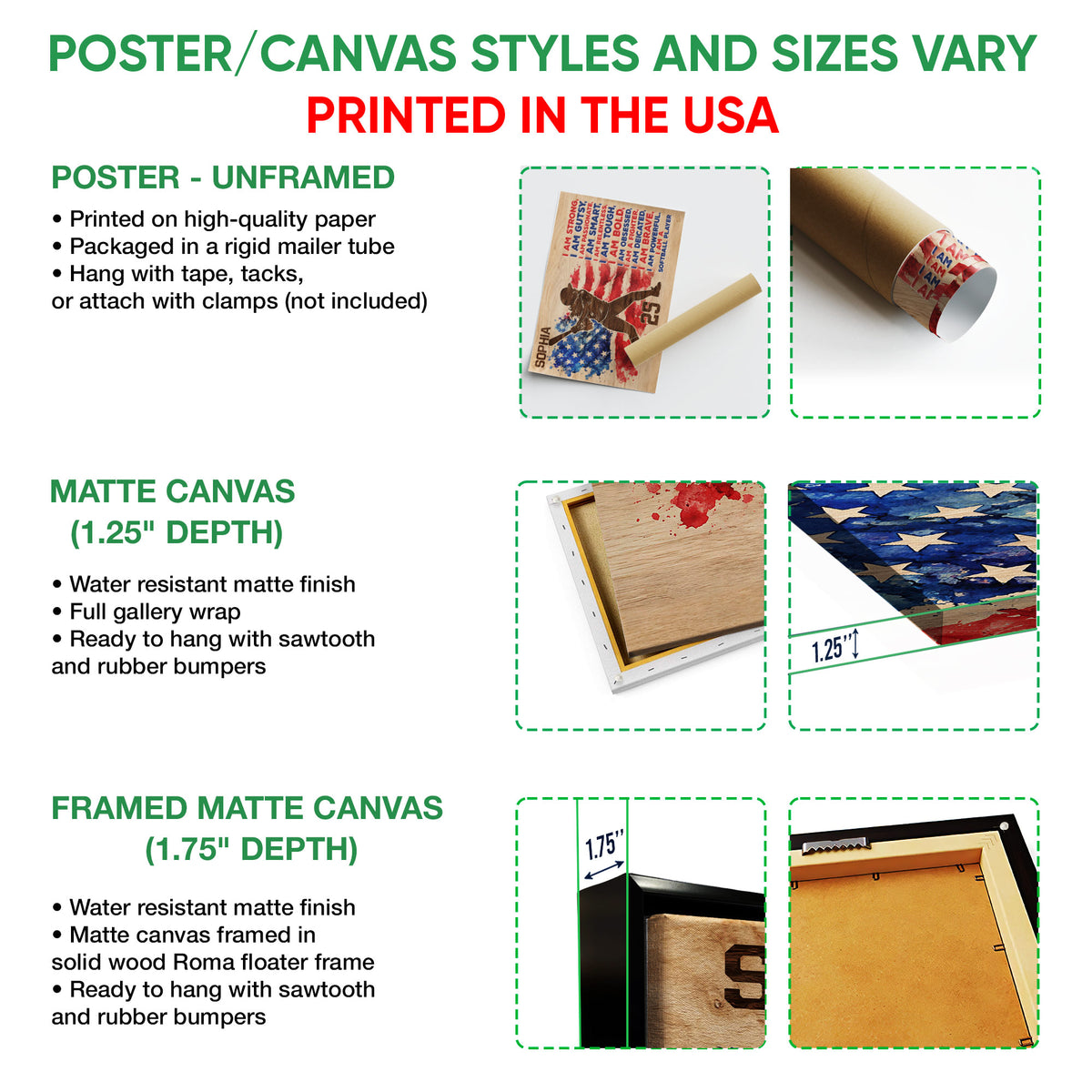 Poster and canvas wall art option guide showing unframed poster, matte canvas, and framed canvas formats