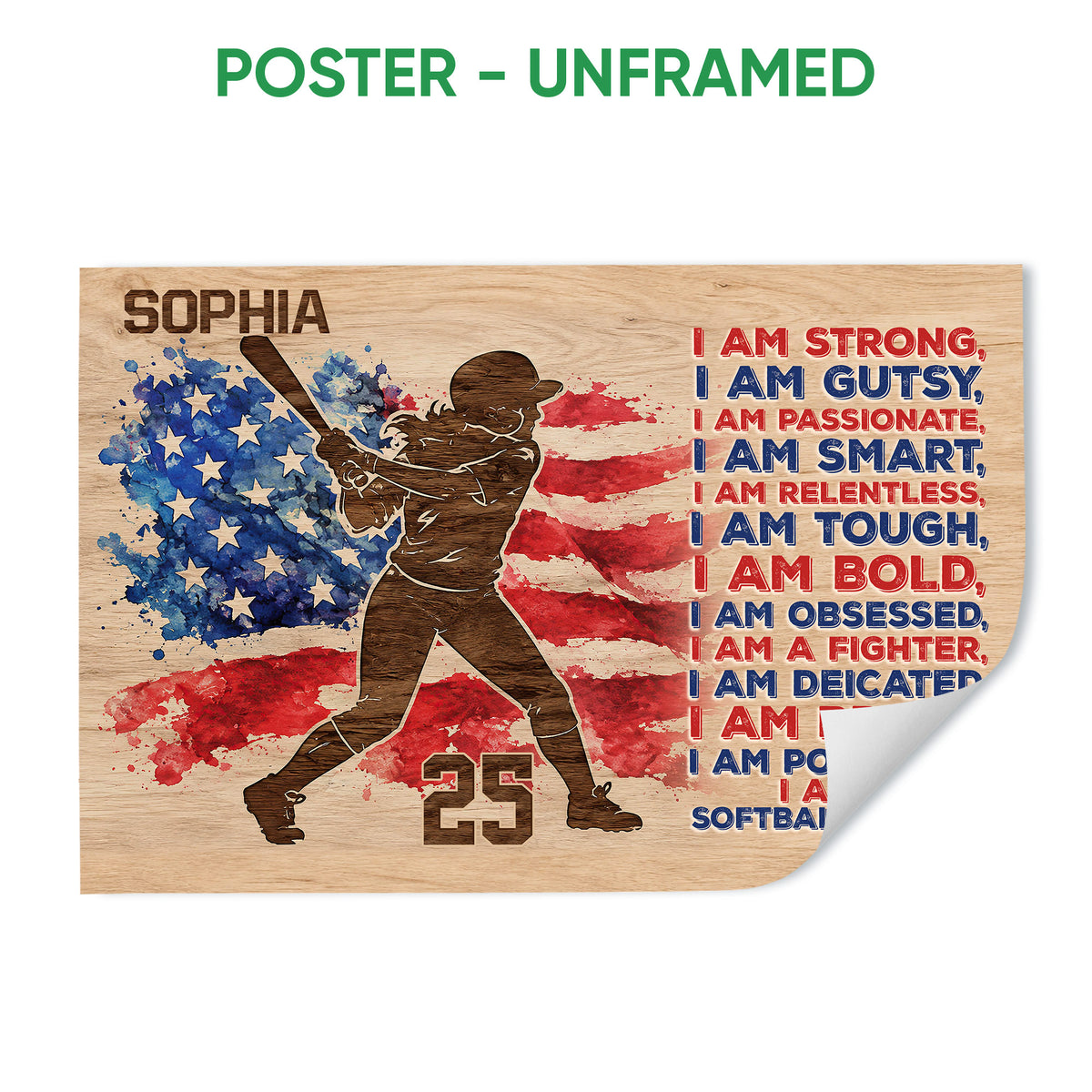Unframed softball poster featuring a batter silhouette, red and blue flag colors, and motivational artwork