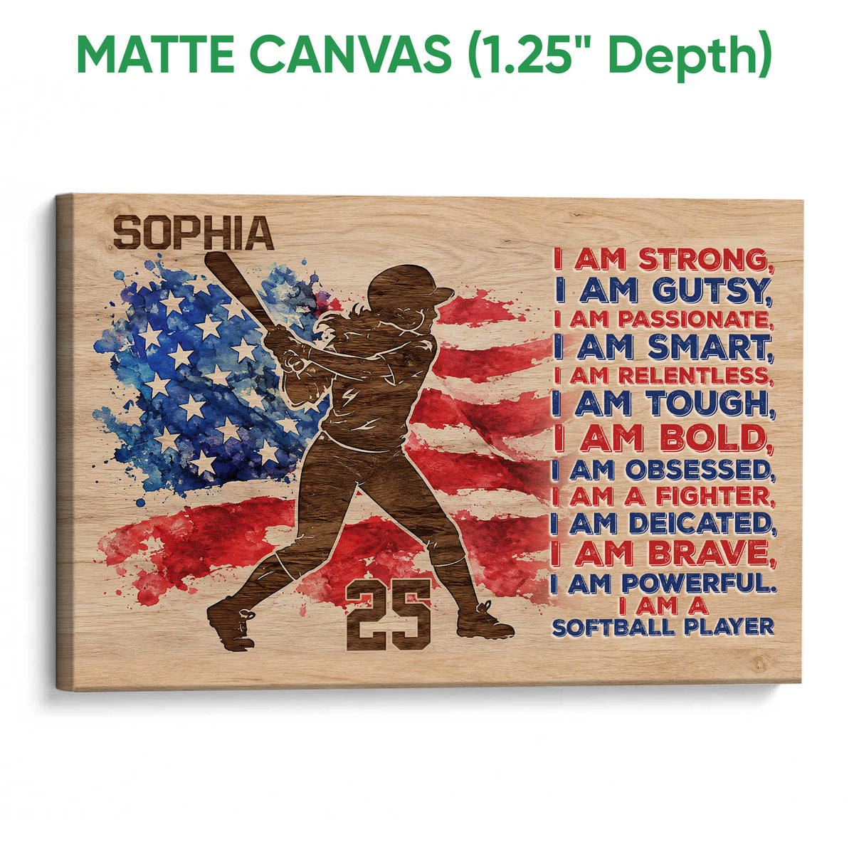 Matte canvas softball wall art featuring a batter silhouette, flag-inspired colors, and bold player message