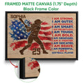 Black framed canvas softball wall art with a batter silhouette and red, white, and blue design