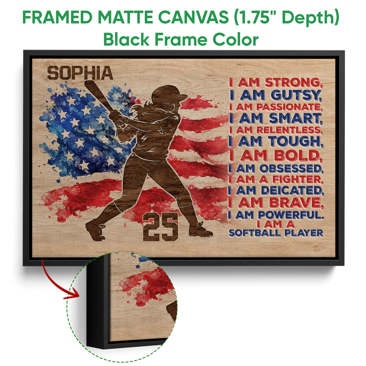 Black framed canvas softball wall art with a batter silhouette and red, white, and blue design