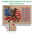 White framed canvas softball wall art with a batter silhouette and bold red and blue motivational design