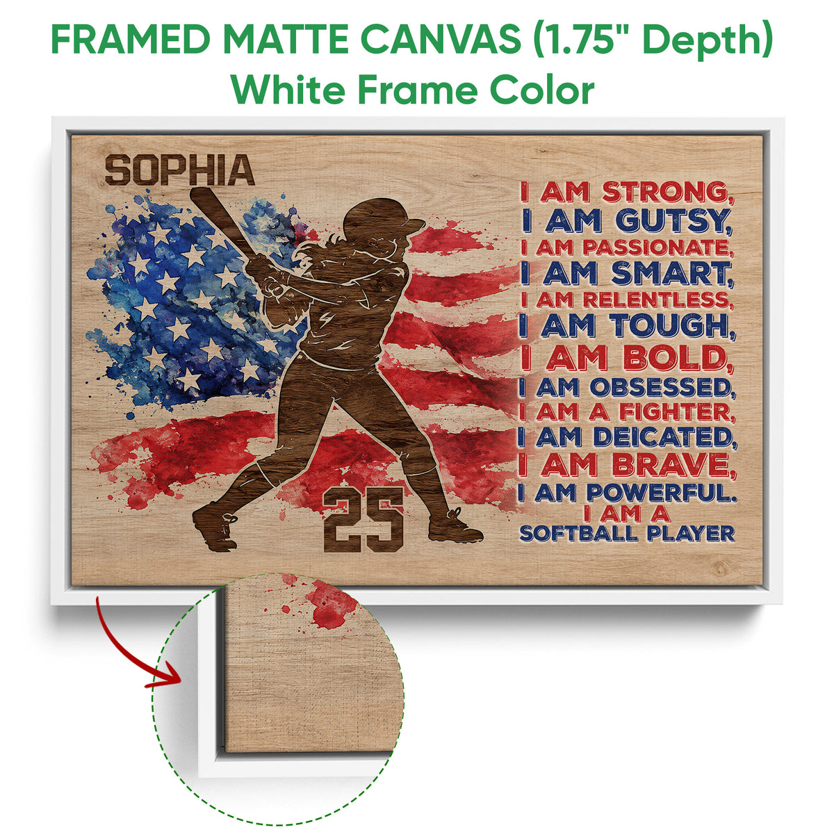 White framed canvas softball wall art with a batter silhouette and bold red and blue motivational design