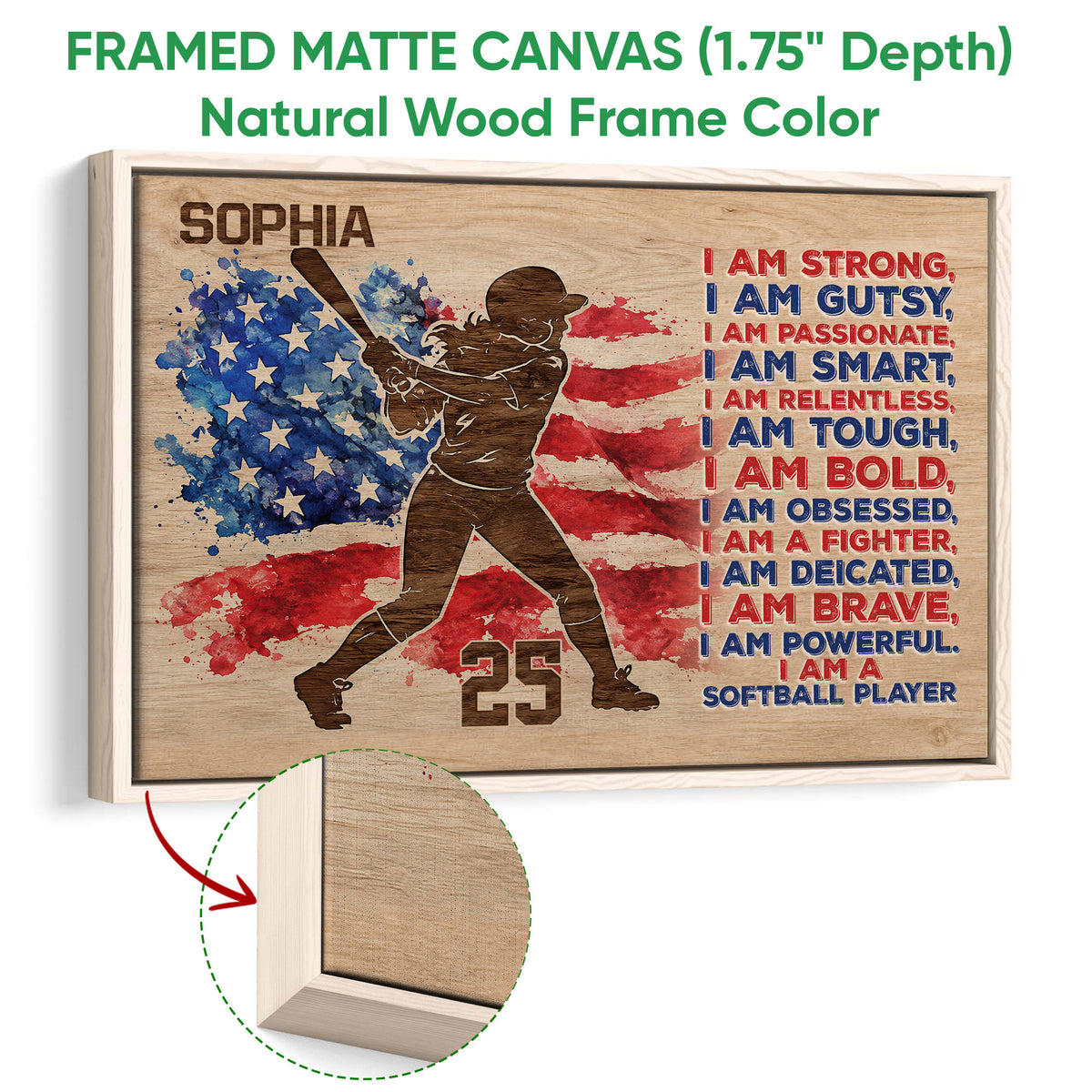 Natural wood framed softball wall art featuring a batter silhouette and flag-inspired red and blue artwork