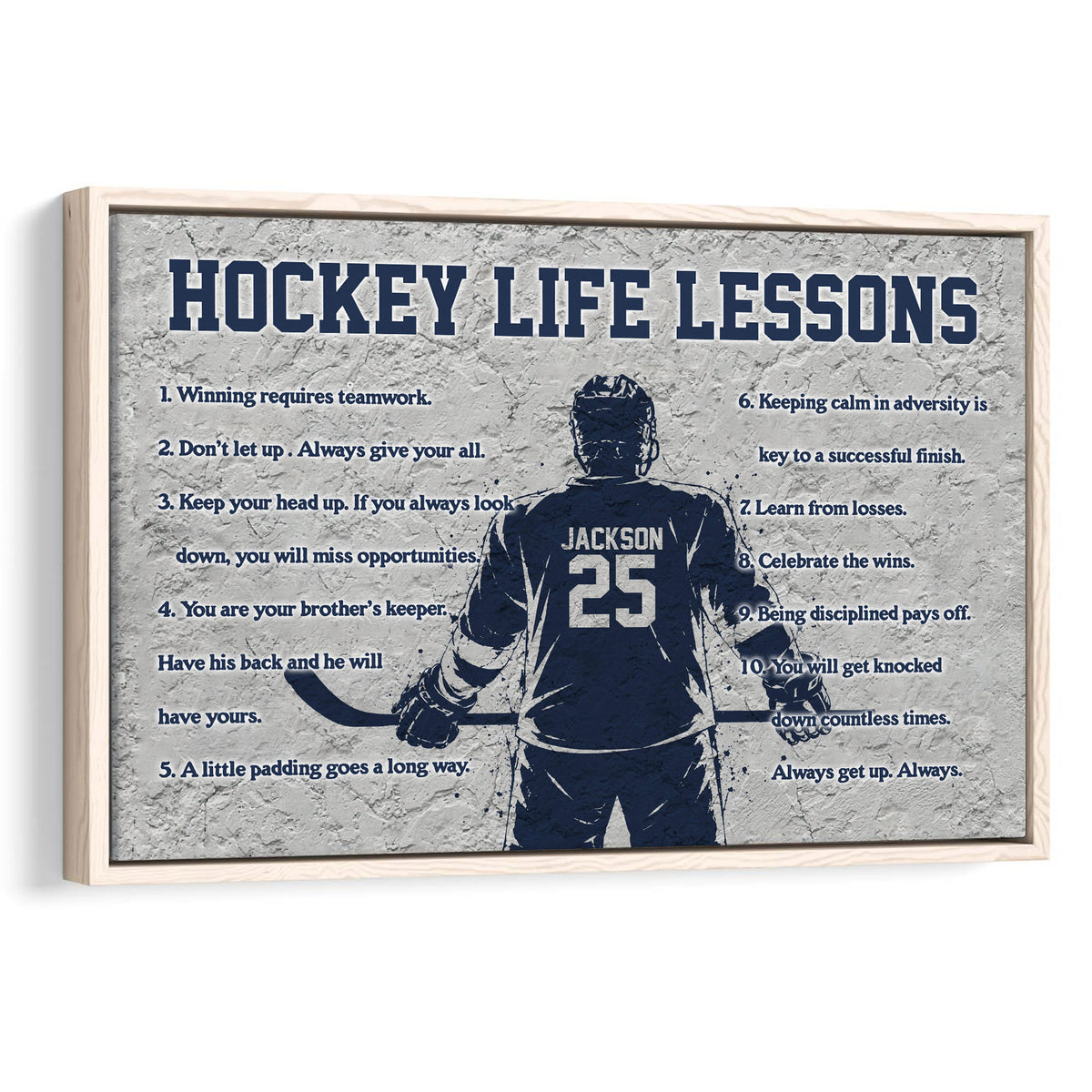Framed hockey wall art featuring a navy hockey player silhouette and motivational life lessons