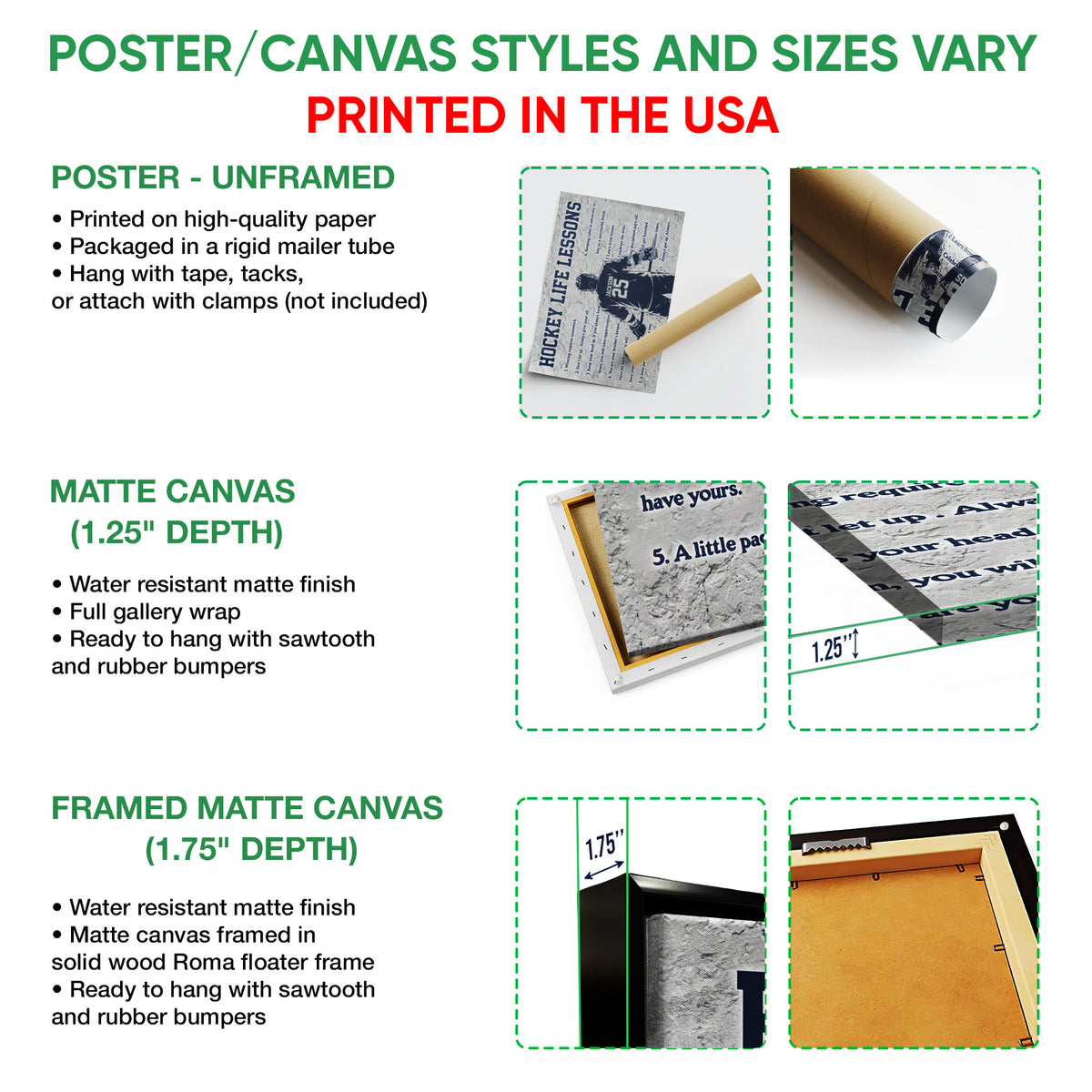 Poster and canvas wall art options guide showing unframed poster, canvas, and framed canvas formats