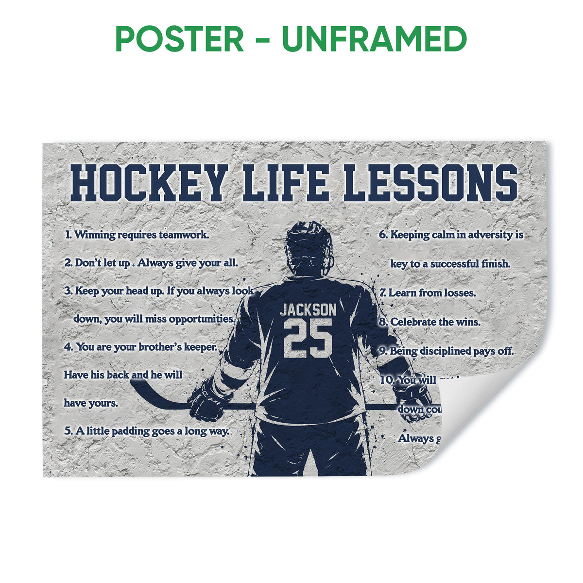 Unframed hockey poster featuring a hockey player silhouette, navy typography, and motivational lessons