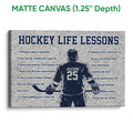 Matte canvas hockey wall art with a textured gray background and navy hockey player design