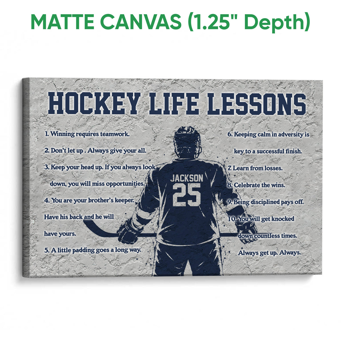 Matte canvas hockey wall art with a textured gray background and navy hockey player design