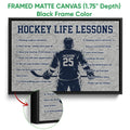 Framed hockey canvas wall art shown with a black frame and close-up texture detail