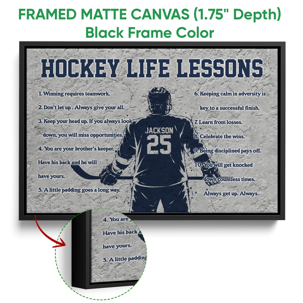 Framed hockey canvas wall art shown with a black frame and close-up texture detail