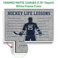Framed hockey canvas wall art shown with a white frame and close-up canvas texture