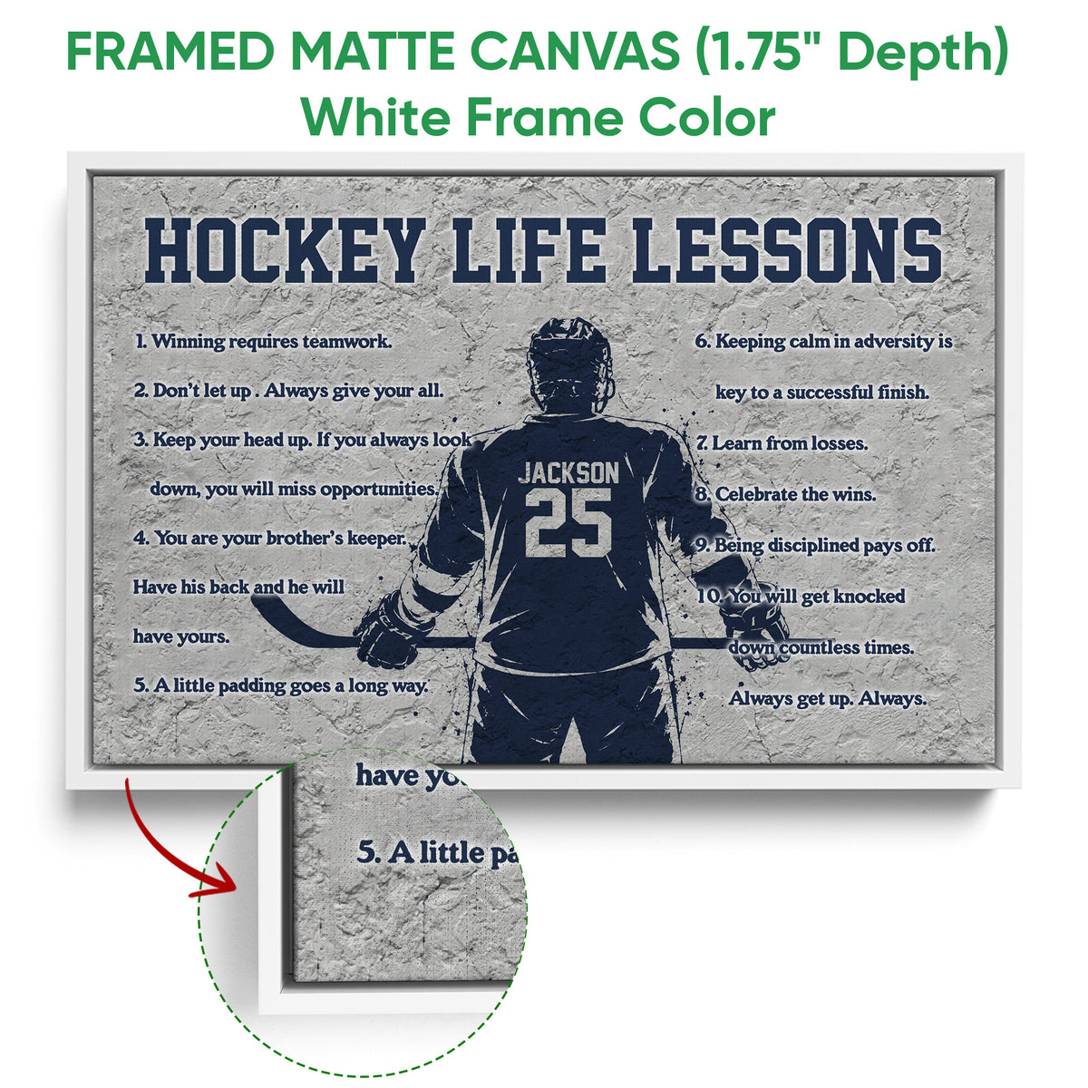 Framed hockey canvas wall art shown with a white frame and close-up canvas texture