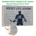 Framed hockey canvas wall art shown with a natural wood frame and textured detail