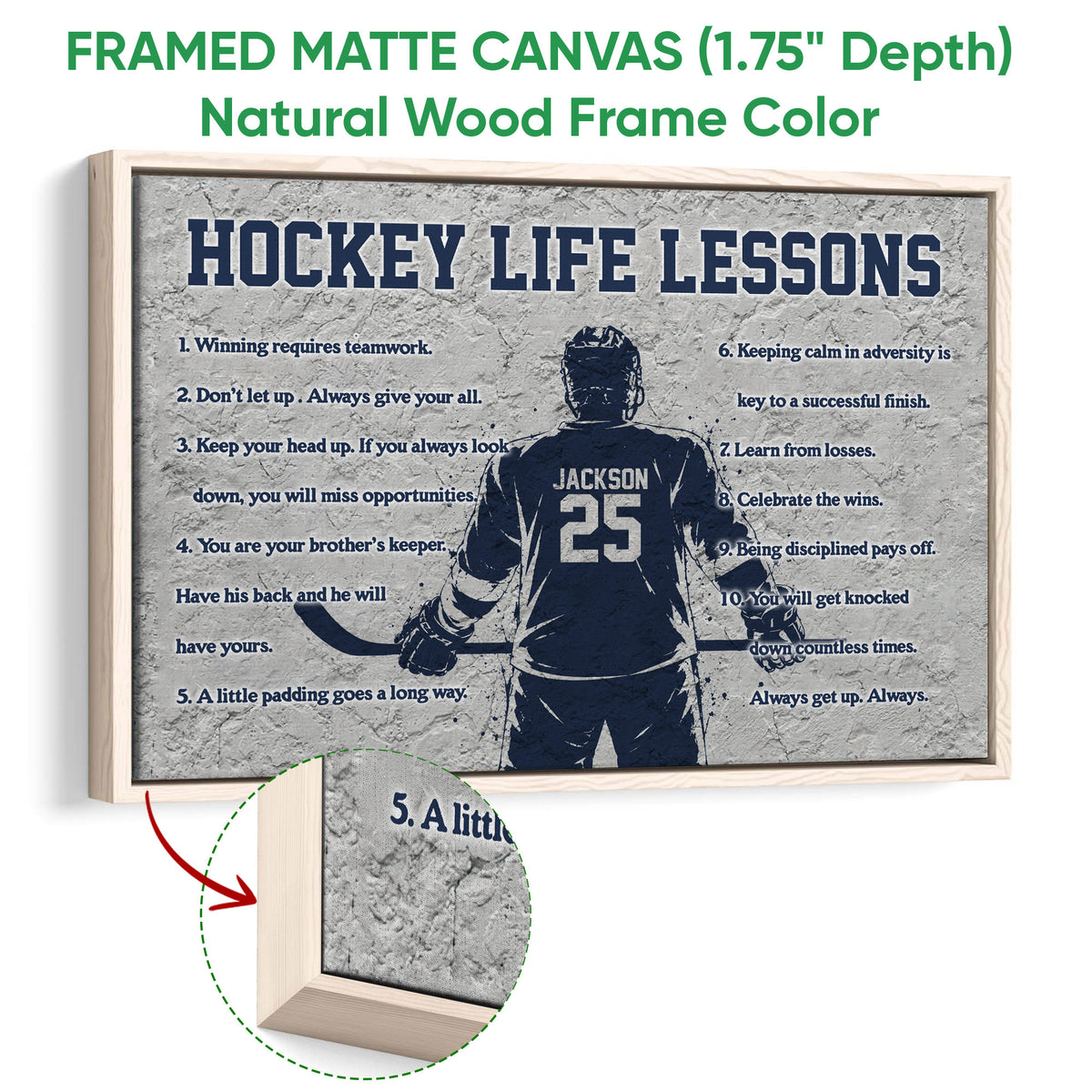 Framed hockey canvas wall art shown with a natural wood frame and textured detail