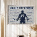 Hockey life lessons wall art displayed in a bright room with white wood paneling