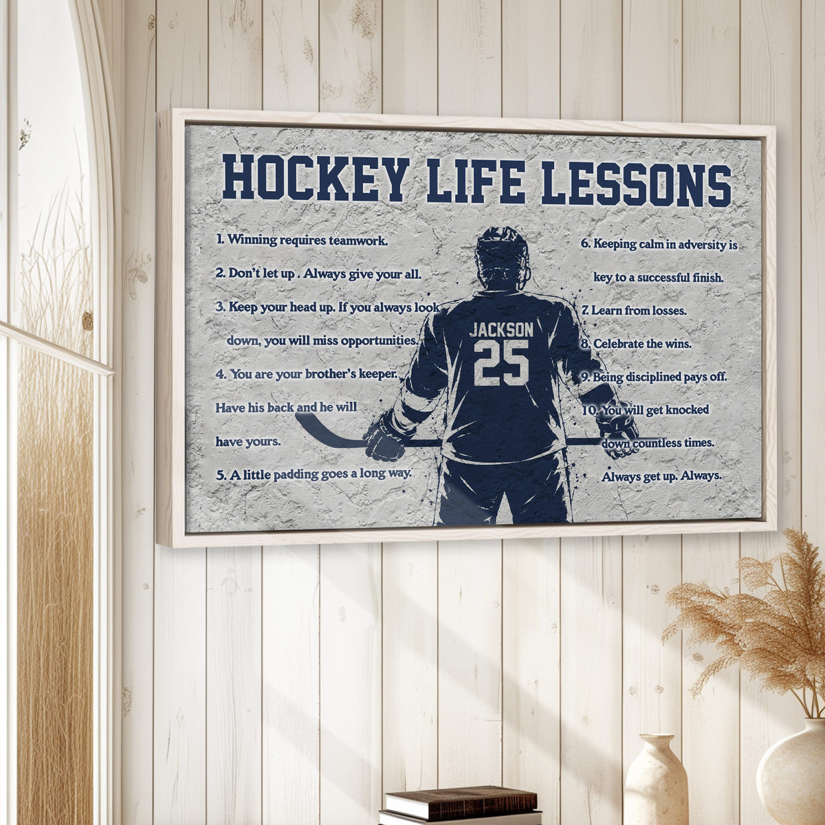Hockey life lessons wall art displayed in a bright room with white wood paneling