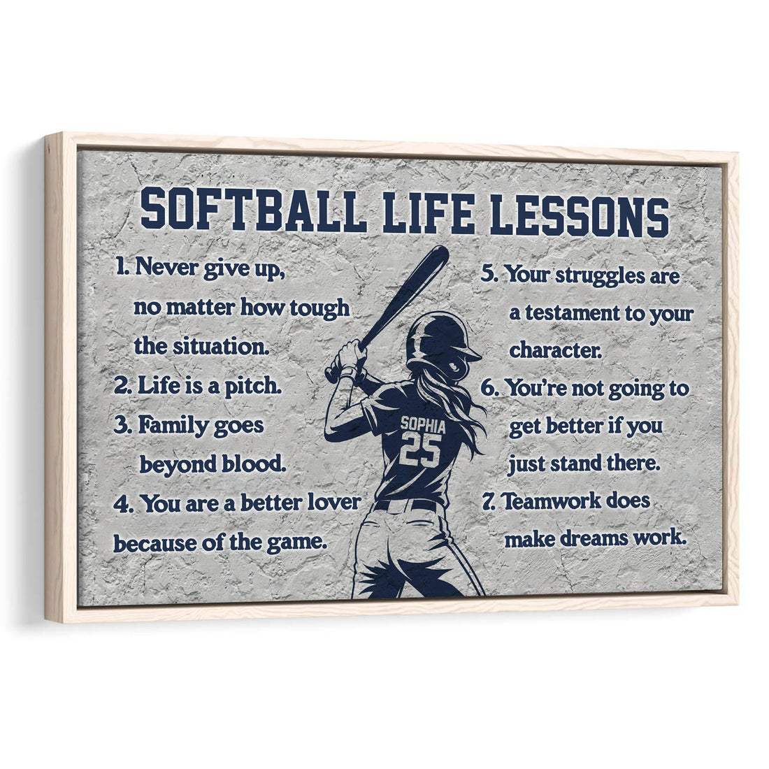 Framed softball wall art featuring a batter silhouette and motivational softball life lessons