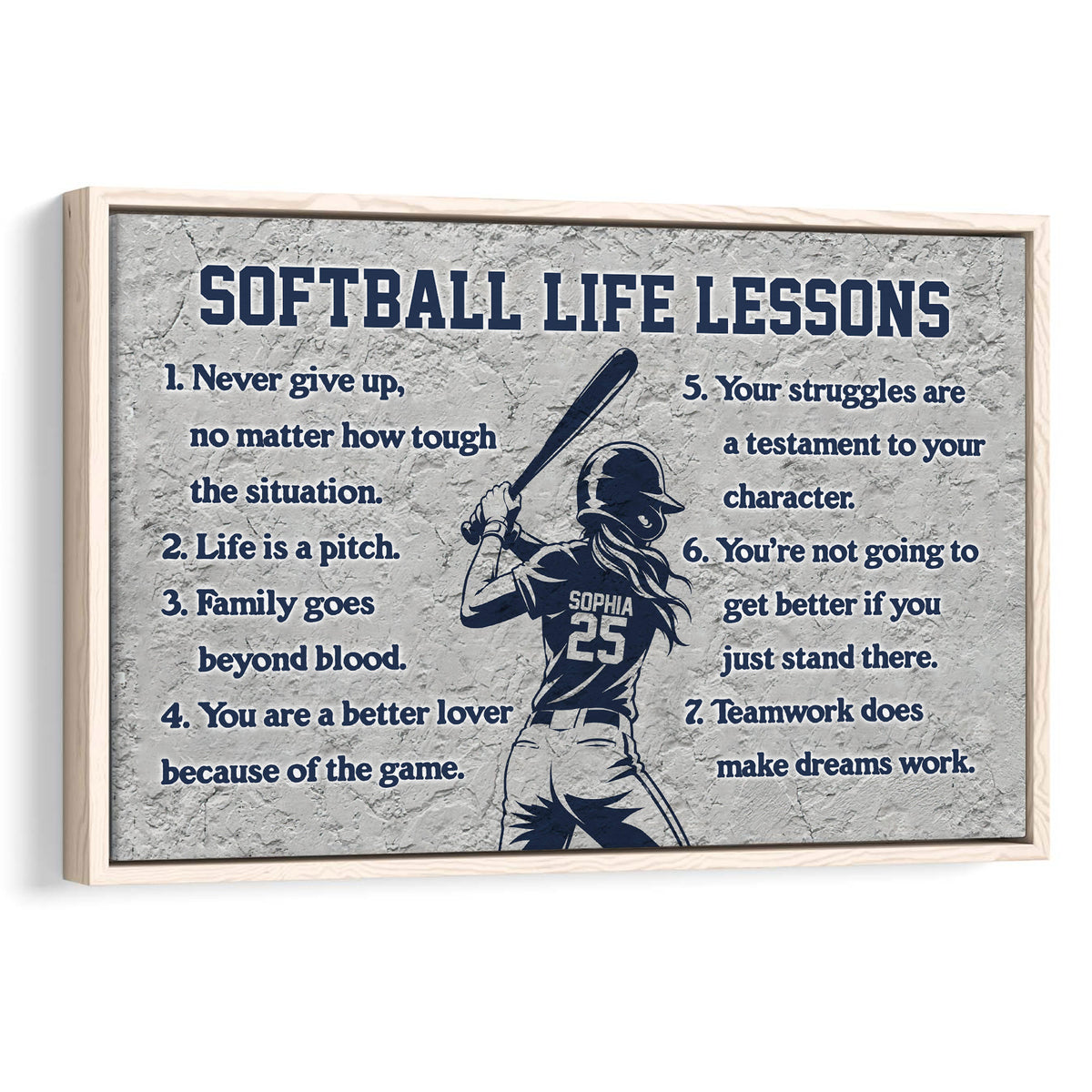 Framed softball wall art featuring a batter silhouette and motivational softball life lessons