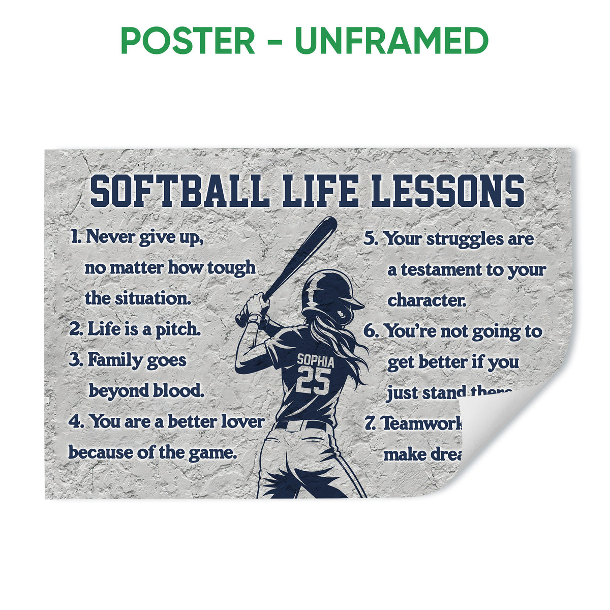 Unframed softball poster featuring a batter silhouette and motivational softball life lessons