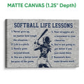 Matte canvas softball wall art featuring a batter silhouette and textured gray background