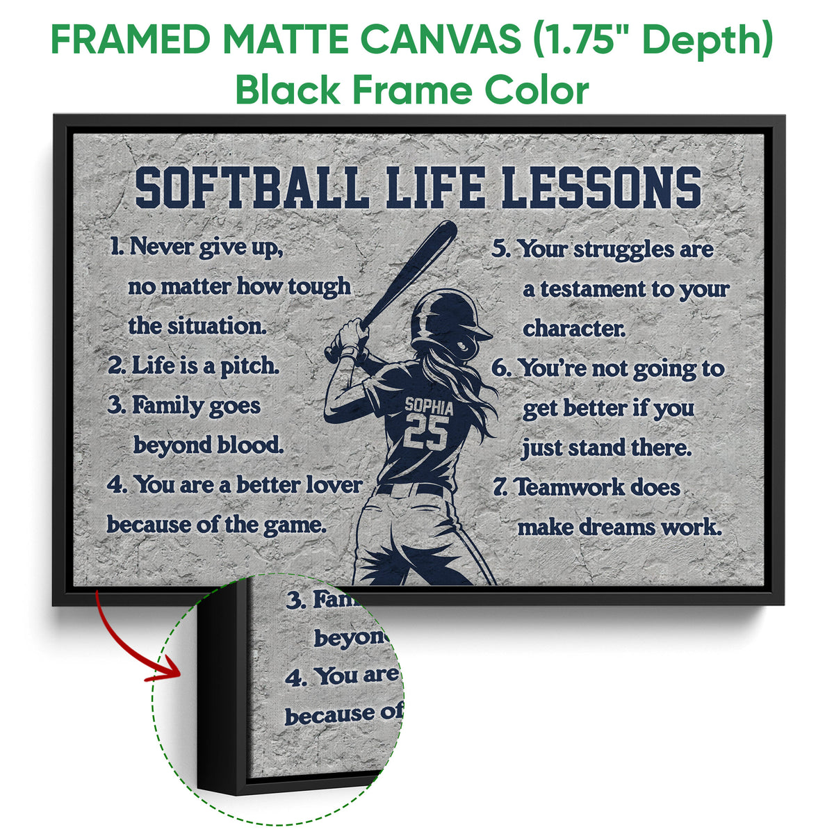 Black framed canvas softball wall art with motivational text and a batter silhouette
