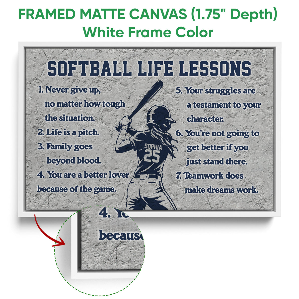 White framed canvas softball wall art with motivational text and a batter silhouette