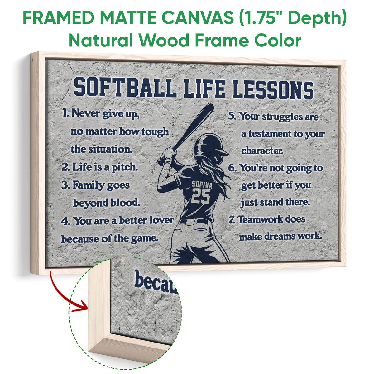 Natural wood framed softball wall art with motivational text and a batter silhouette