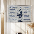 Softball wall art displayed on a light wood-paneled wall in a bright home setting