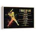 Framed softball wall art featuring a colorful batter silhouette and motivational rules on a black background