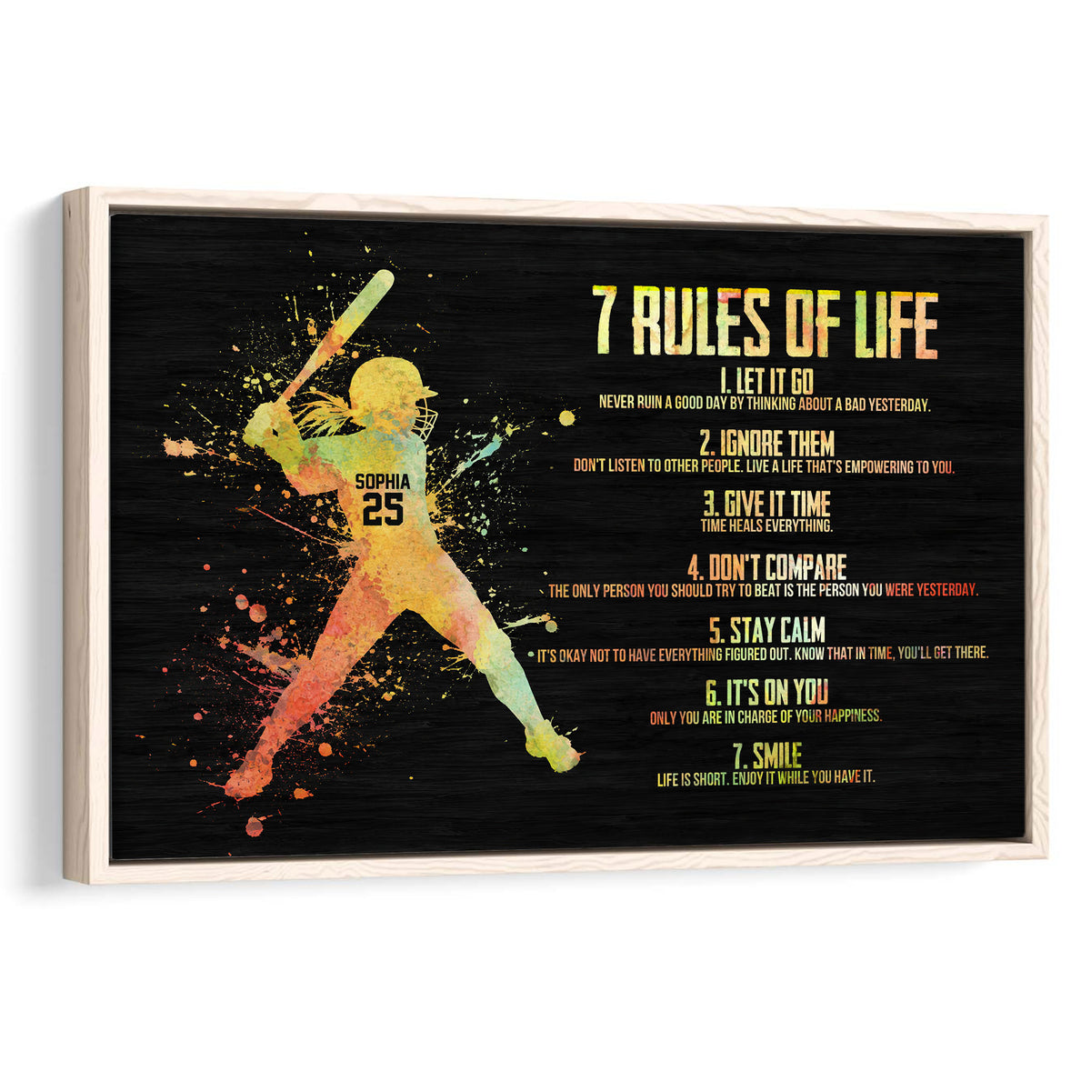 Framed softball wall art featuring a colorful batter silhouette and motivational rules on a black background