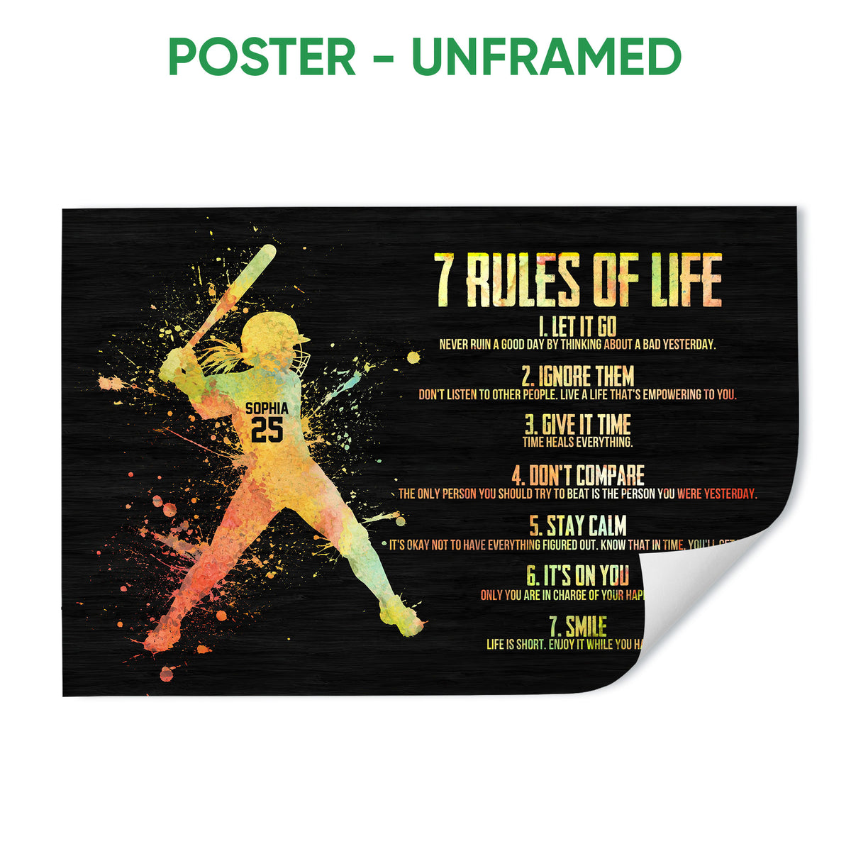 Unframed softball poster with a colorful batter silhouette and motivational rules on a black background